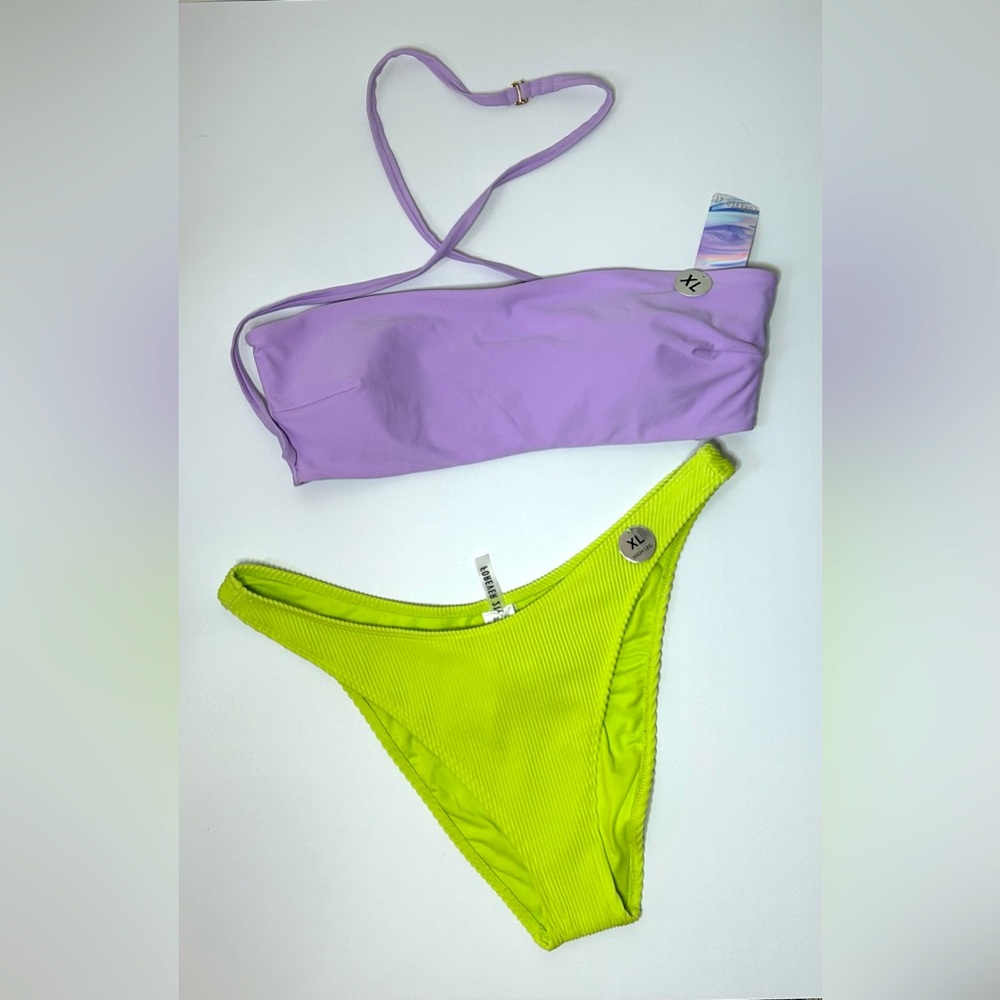 NWT Forever 21 Bikini Lilac Bandeau Top and Lime Green Ribbed Bottoms👙Size XL